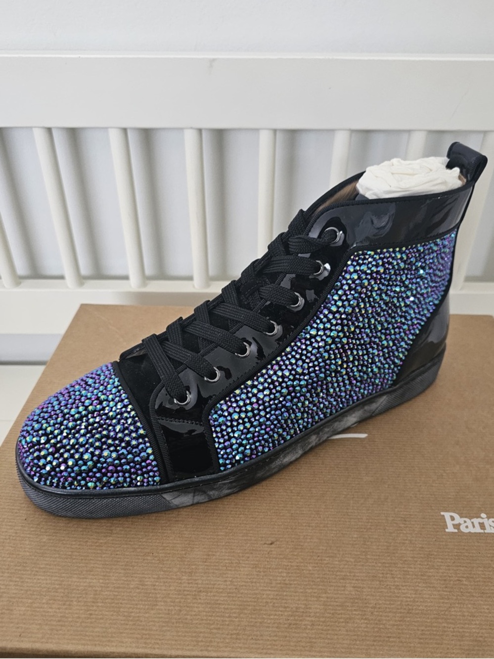 Louis Vuitton Men's Black High-Top Sneakers with Iridescent Crystal Detail - Picture 8 of 8